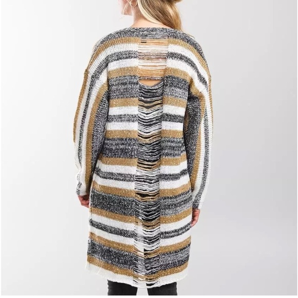 Daytrip Shredded Back Knit Cardigan Size Large Striped Longline Duster - Picture 2 of 9